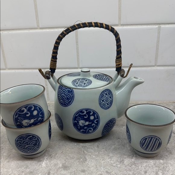 Vintage Japanese Blue and White Ceramic Teapot Set - Picture 1 of 1